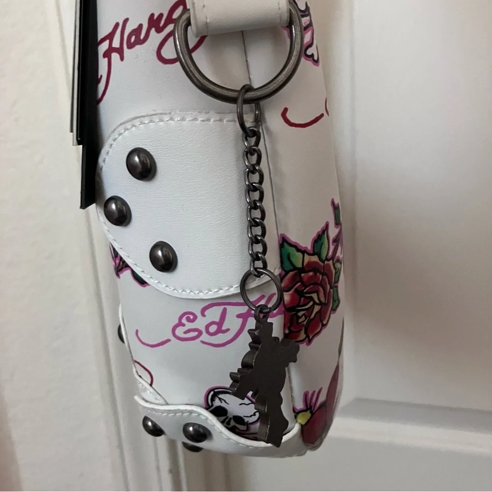 ED HARDY Studded White Vegan Leather Tattoo Crescent Bag NEW NWT